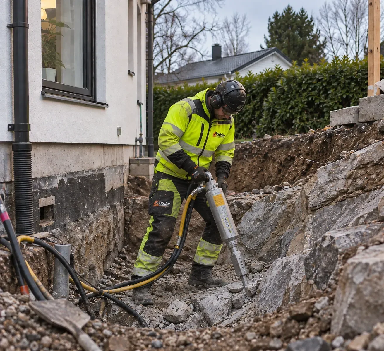 Bergarbete i ett schakt intill en husgrund