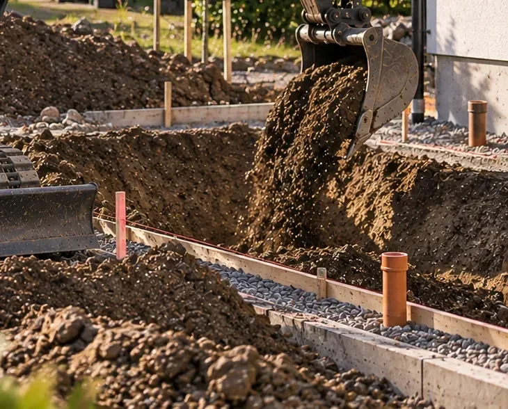 Form och makadam för en grund intill ett bostadshus