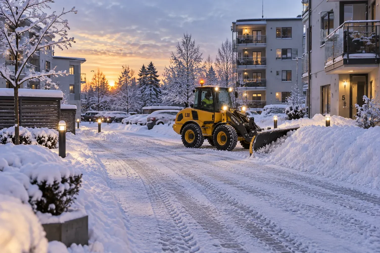 Snöröjning med kompaktlastare och plog på en bostadsgård