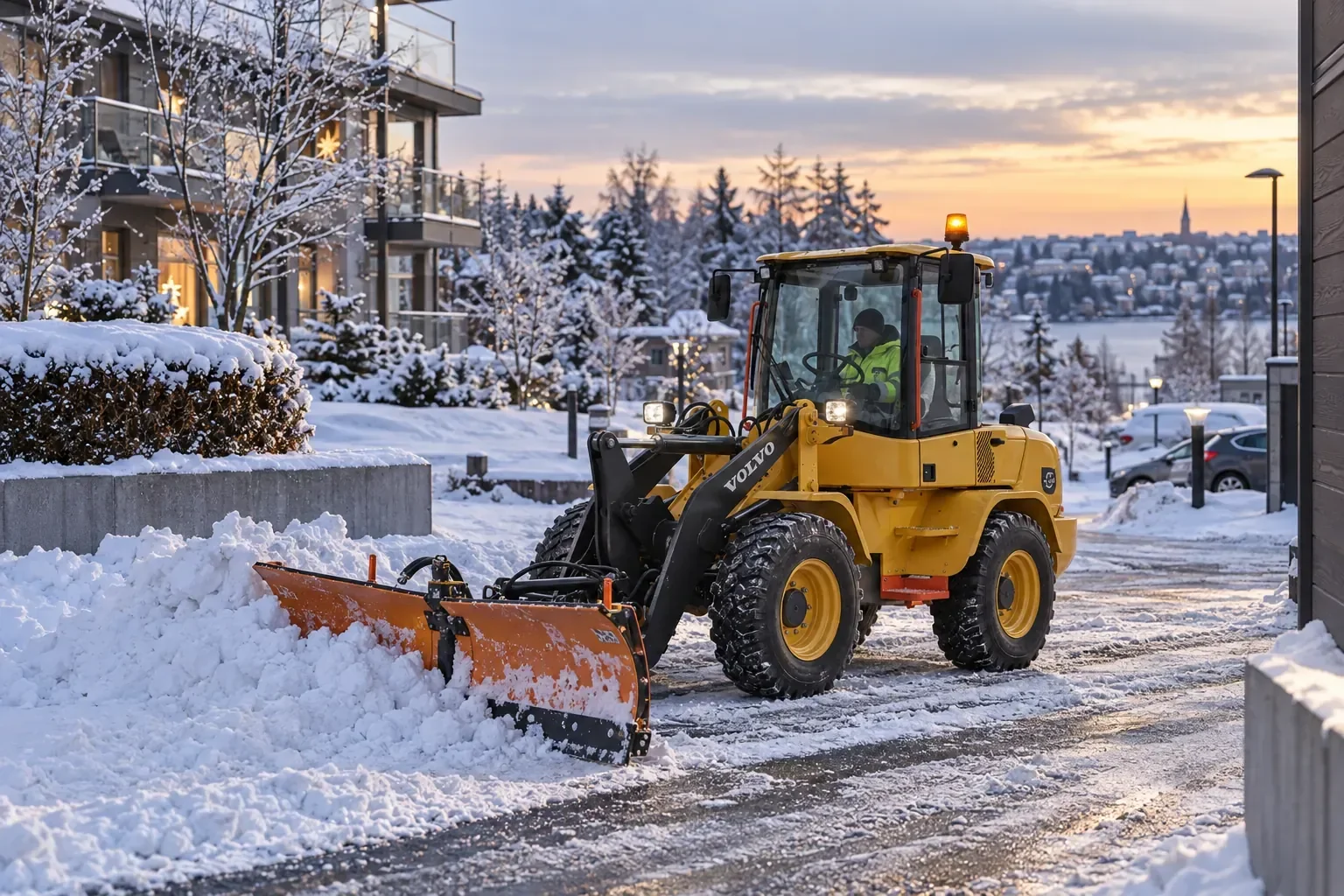 Kompaktlastare med snöplog röjer en bostadsgård i vinterljus