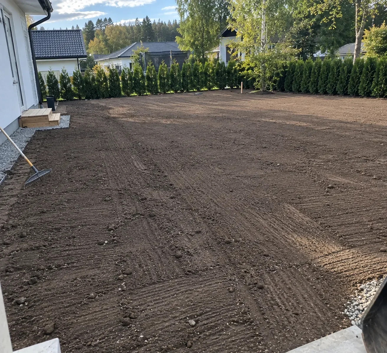 Finplanerad jordyta inför gräsmatta i en villaträdgård